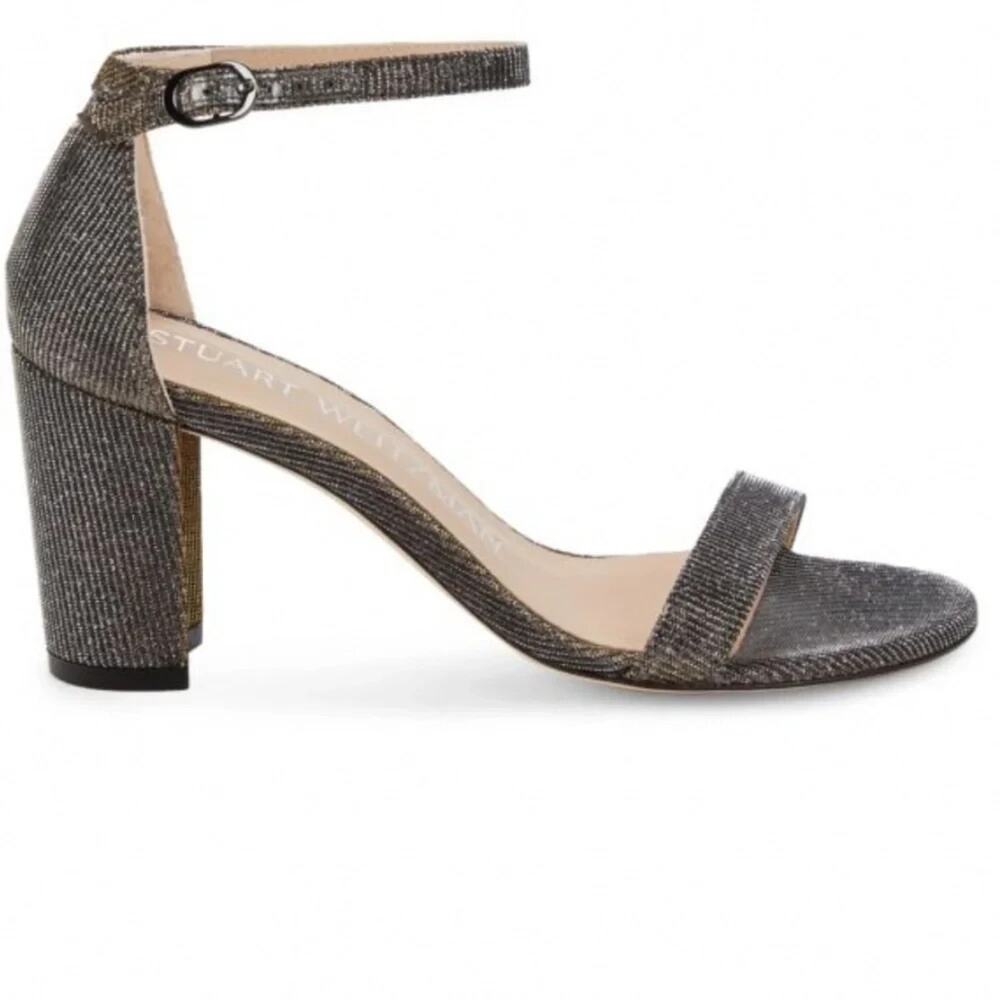 Stuart Weitzman NearlyNude Textured Sandal Pyrite Glitter Open Toe Block Heel 12